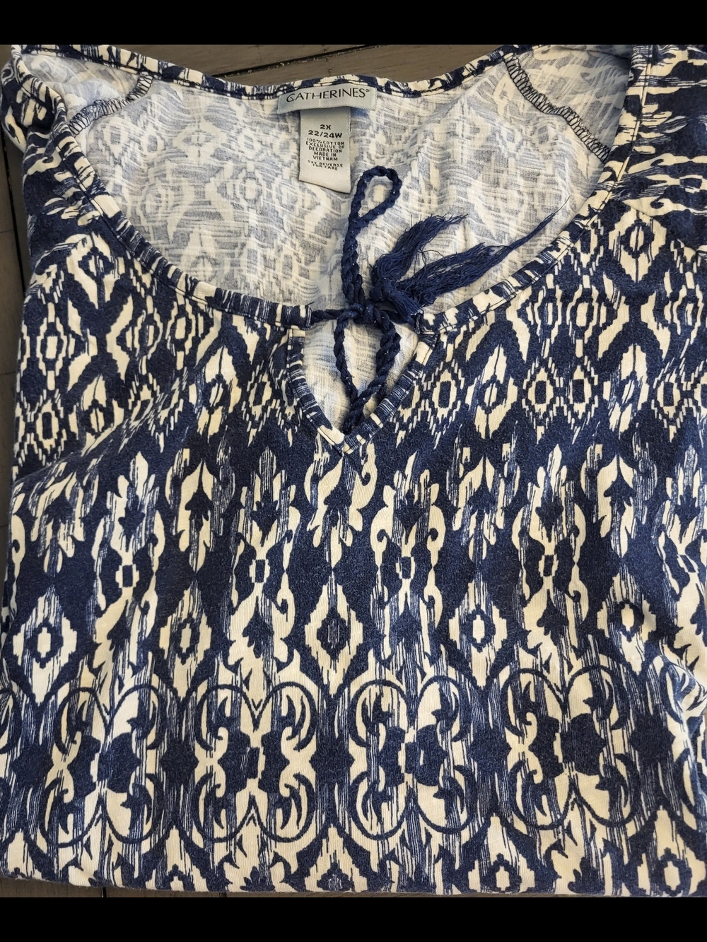 Catherines Navy and White Printed Tie-Neck Tunic Top
